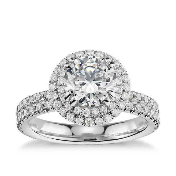 Bague Réel Diamant Rond Double Halo 2.97 Carats En Or Blanc 14 Carats