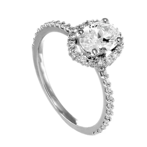 Bague Réel Diamant Rond Halo De Forme Ovale Avec Accent 1.95 Carat Or Blanc 14K