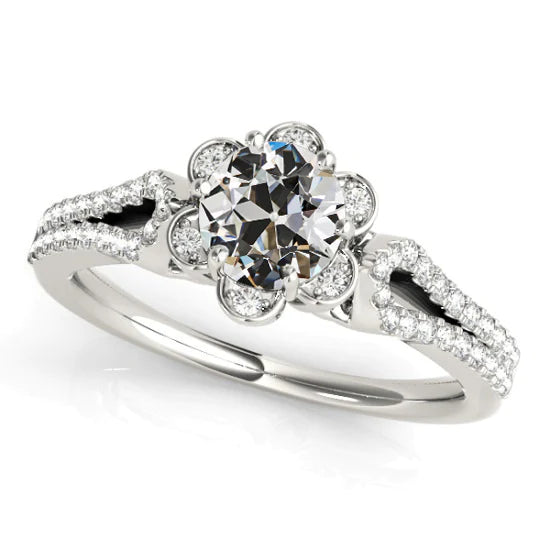Bague Réel Diamant Rond Halo Vieux Mineur Style Fleur Tige Fendue 4.50 Carats