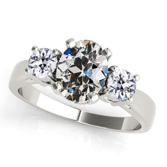 Bague Réel Diamant Rond & Ovale 3 Pierres Taille Vieille Mine Or Blanc 5 Carats