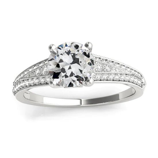 Bague Réel Diamant Taille Ancienne Or Blanc Sertie Griffe Millgrain 4 Carats