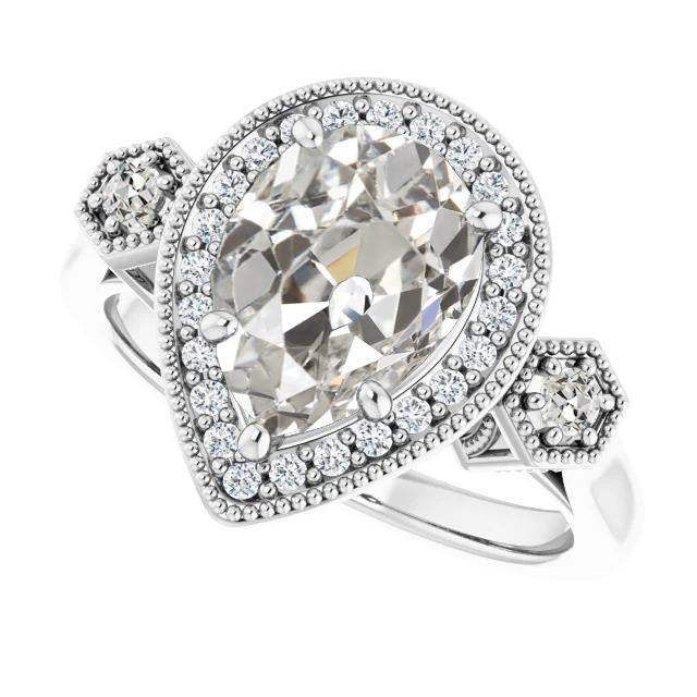 Bague Réel diamant rond et poire taille vieille mine sertie 5 griffes 5.50 carats