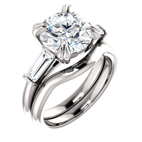 Bague Ronde Avec Réel Diamant Baguette 3 Pierres Or Blanc 2.30 Carats