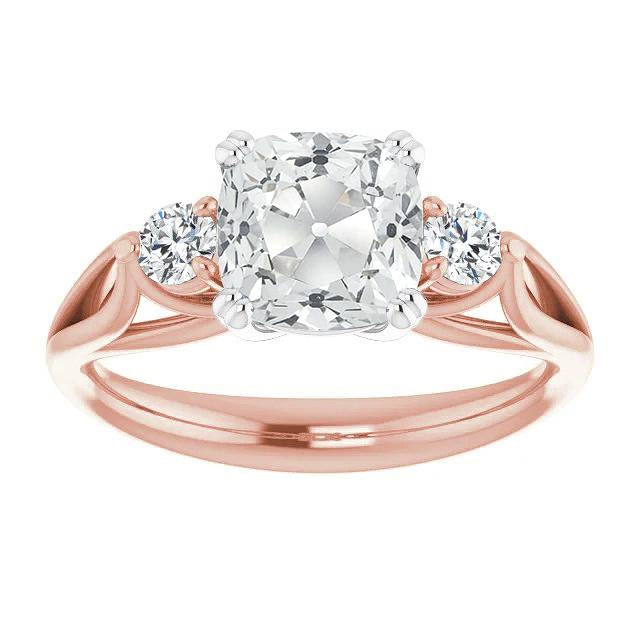 Bague Ronde & Coussin Réel Diamant Taille Ancienne 3 Pierres Double Sertie 7 Carats