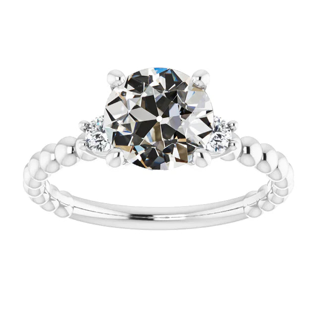 Bague Ronde Naturel Diamant Taille Vieille Mine 3 Pierres Style Perlé 3.50 Carats