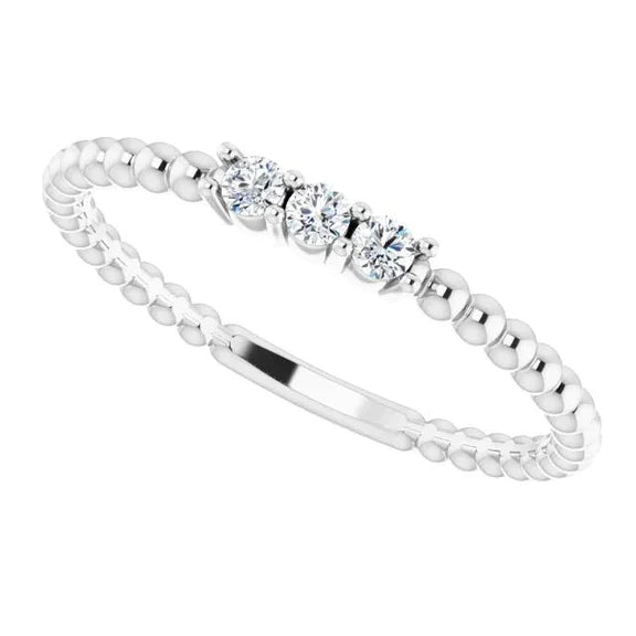 Bague Ronde Réel Diamant 3 Pierres Tige Boule Or Blanc 14K