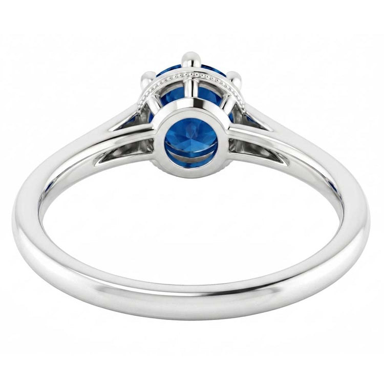 Bague Ronde Saphir Bleu Style Griffe 1.25 Carats Or Blanc 14K