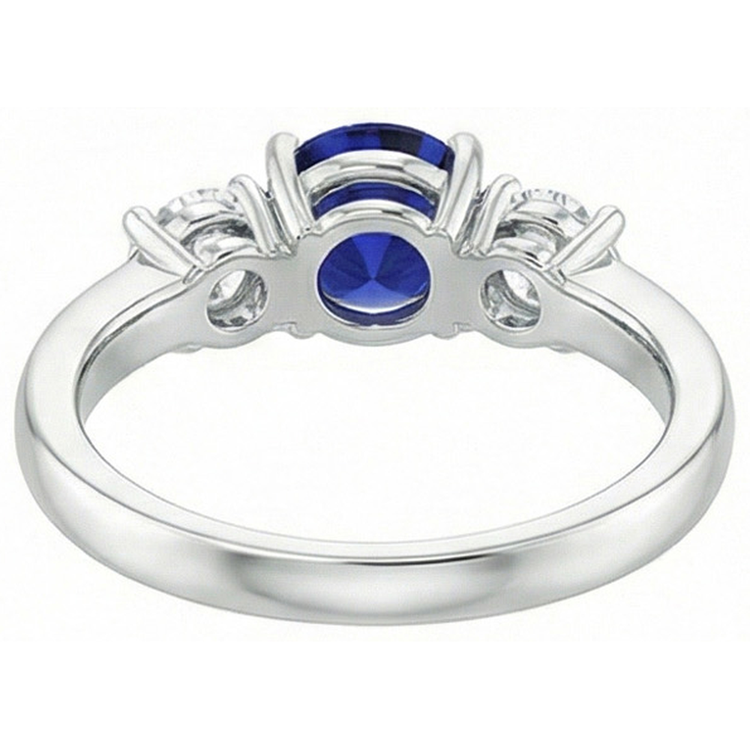 Bague Ronde Trois Pierres Saphir Bleu & Diamant Naturels Extraits des Mines ( et non cultivés en laboratoire ) Pierres Précieuses 1.75 Carats