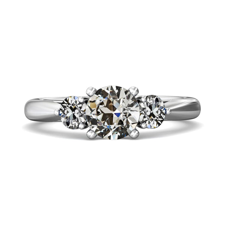 Bague Ronde Vieux mineur Réel Diamant 3 Pierres Sertie De Griffes Or Blanc 4 Carats