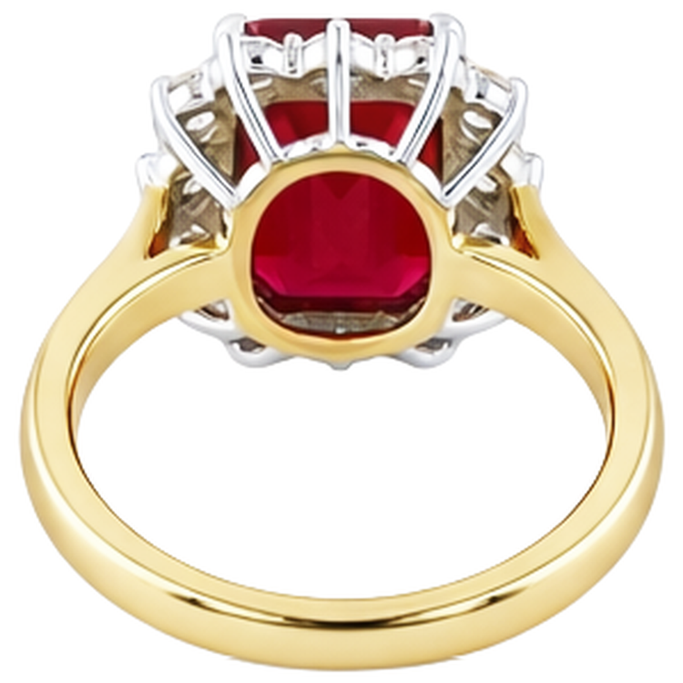 Bague Rubis Rouge Forme Émeraude Avec Diamants Naturels Extraits des Mines ( et non cultivés en laboratoire ) Ronds En Or 7.45 Carats
