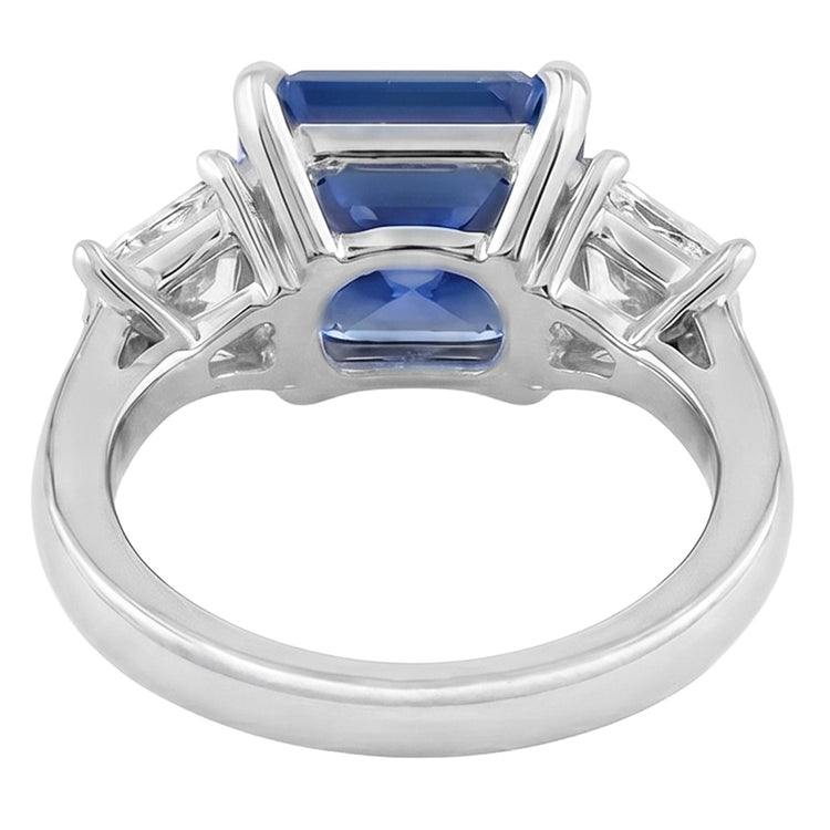Bague Saphir Bleu 3 Pierres Demi Lune Diamants Sertie De Griffes 3.50 Carats