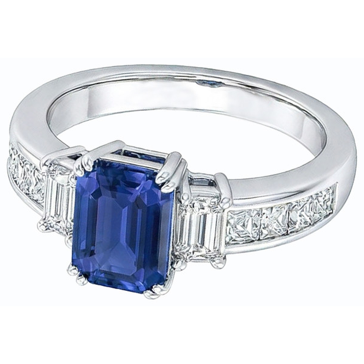 Bague Saphir Bleu 3 Pierres Taille Emeraude & Diamants Princesse 4 Carats
