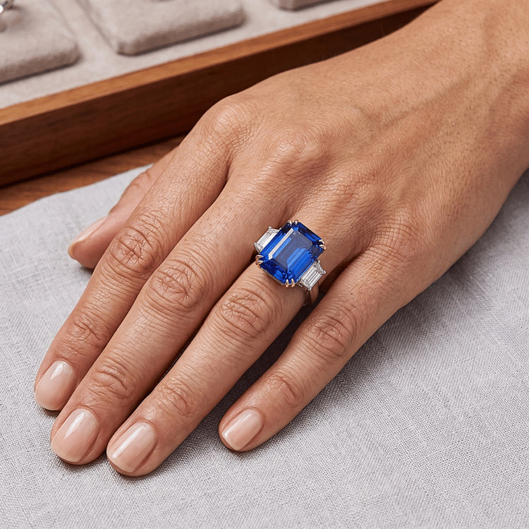 Bague Saphir Bleu 8 Carats Et Diamants Naturels Extraits des Mines ( et non cultivés en laboratoire )