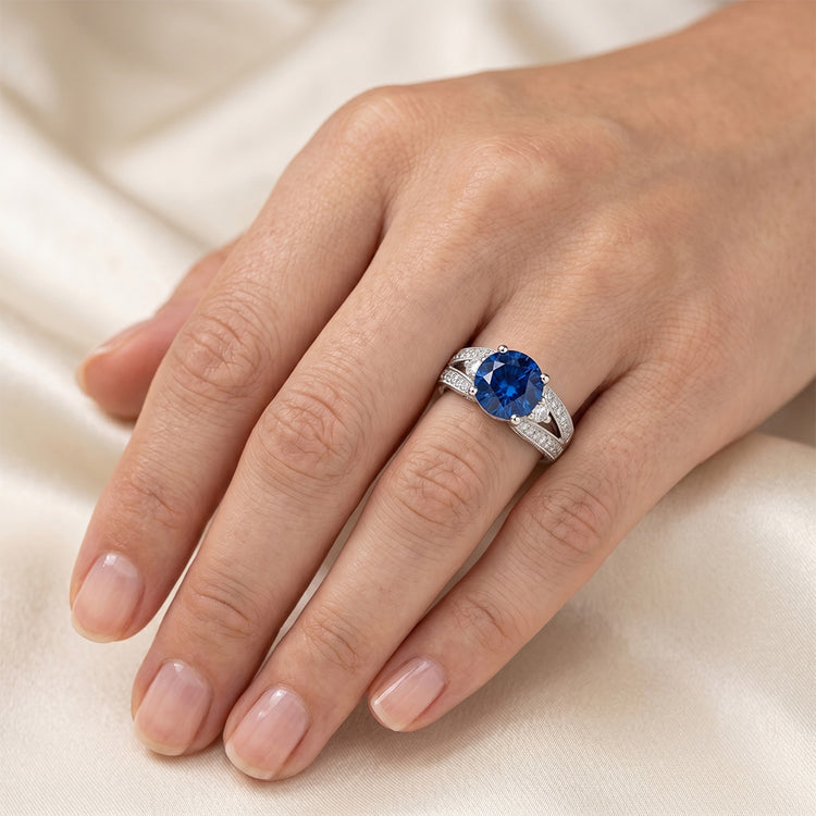 Bague Saphir Bleu Ceylan Avec Diamants Naturels Extraits des Mines ( et non cultivés en laboratoire ) Or Blanc 4 Ct 14K