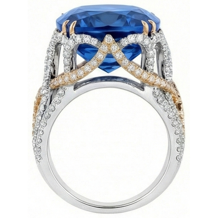 Bague Saphir Bleu De Ceylan Et Diamants Naturels Extraits des Mines ( et non cultivés en laboratoire ) 8.51 Ct Deux Tons