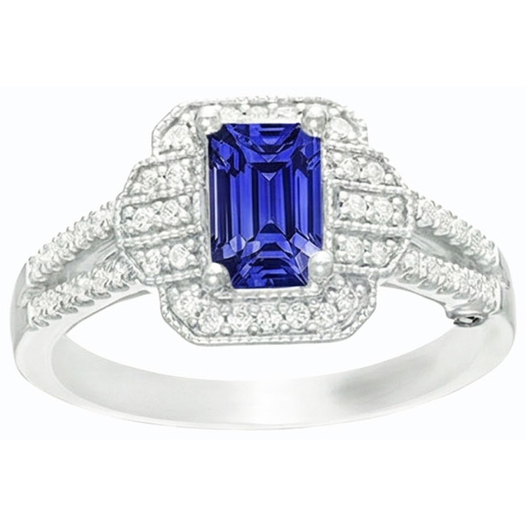 Bague Saphir Bleu Emeraude Diamant Halo Style Vintage Or 4 Carats