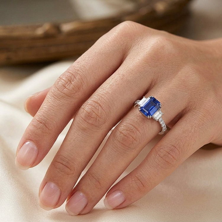 Bague Saphir Bleu Emeraude Trois Pierres & Serti Diamants 3 Carats