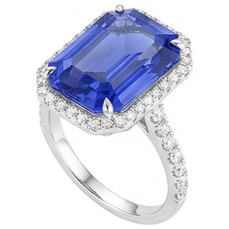Bague Saphir Bleu Halo Taille Émeraude 5.50 Carats Diamants Bijoux