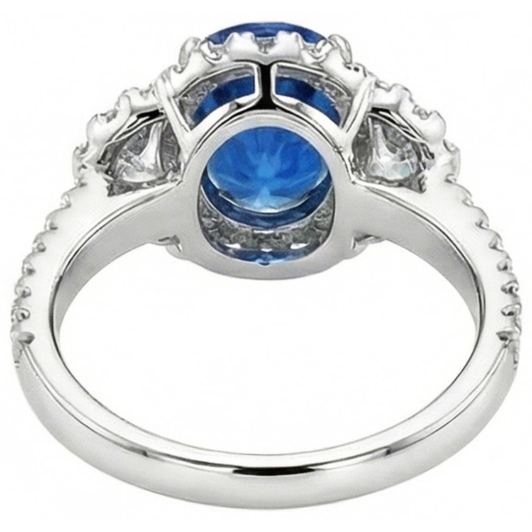 Bague Saphir Bleu Ovale Et Diamant Naturels Extraits des Mines ( et non cultivés en laboratoire ) Bijoux En Or Blanc 2 Ct.