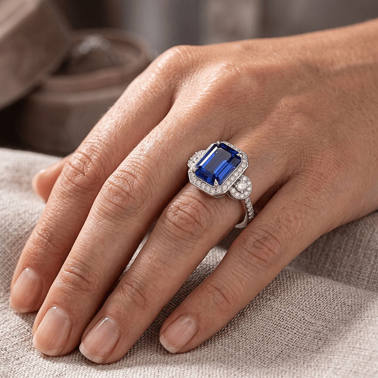 Bague Saphir Bleu Sri Lanka Halo