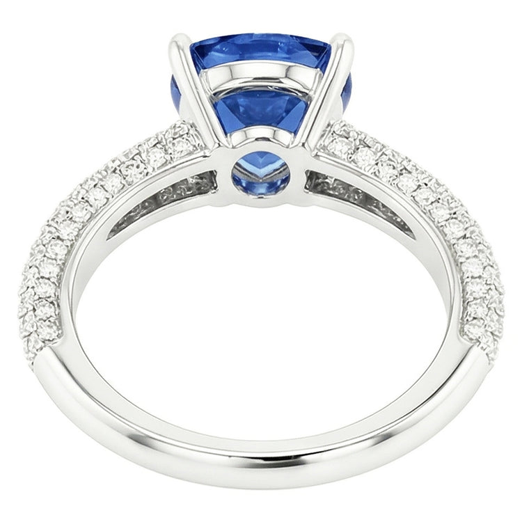 Bague Saphir Bleu Trillion Pierres Précieuses Serti Diamants 3 Carats