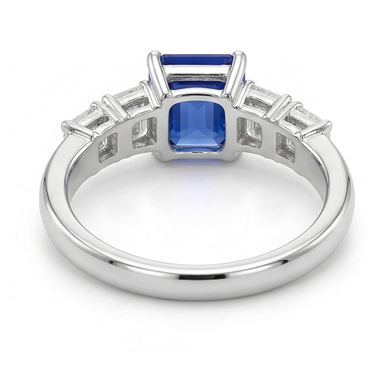 Bague Saphir Bleu & Diamant Emeraude 2.50 Carats Bijoux 5 Pierres