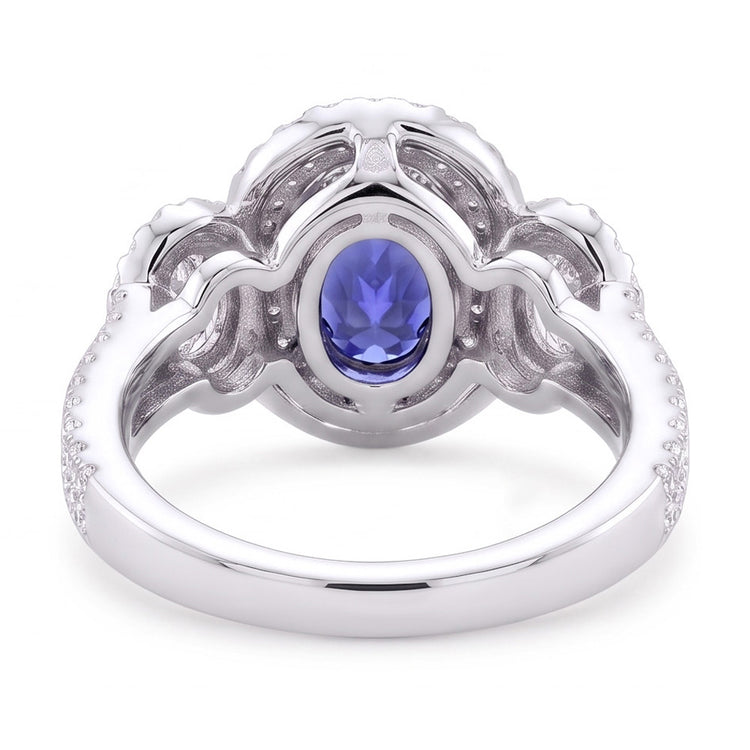 Bague Saphir Coussin Double Halo Or Blanc 3 Carats 14K