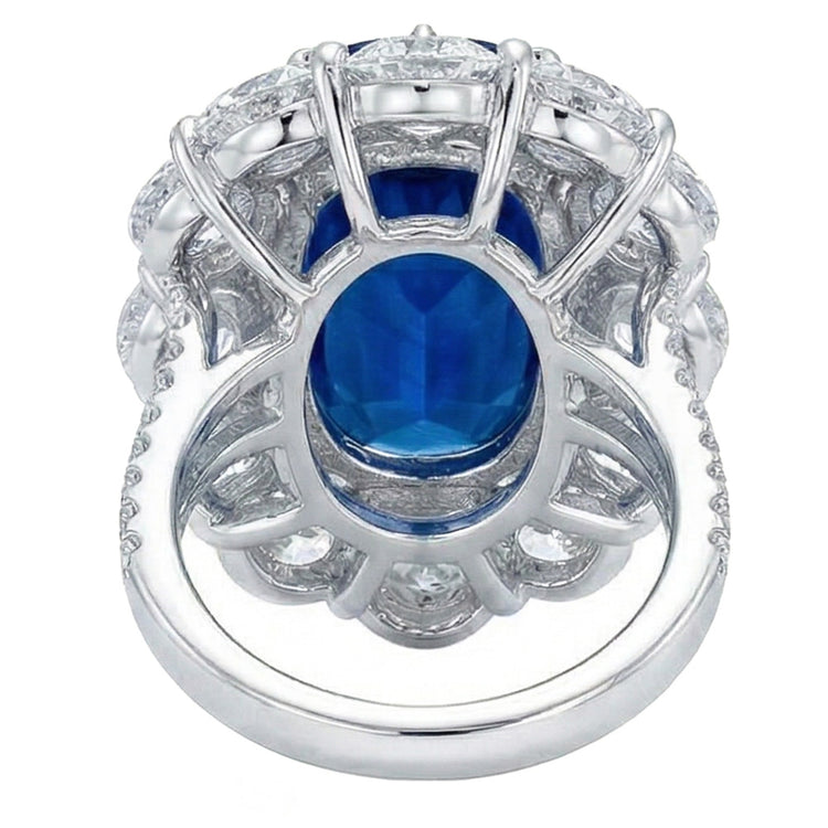 Bague Saphir Coussin Et Diamants Naturels Extraits des Mines ( et non cultivés en laboratoire ) Ronds 10.50 Ct Or Blanc 14K