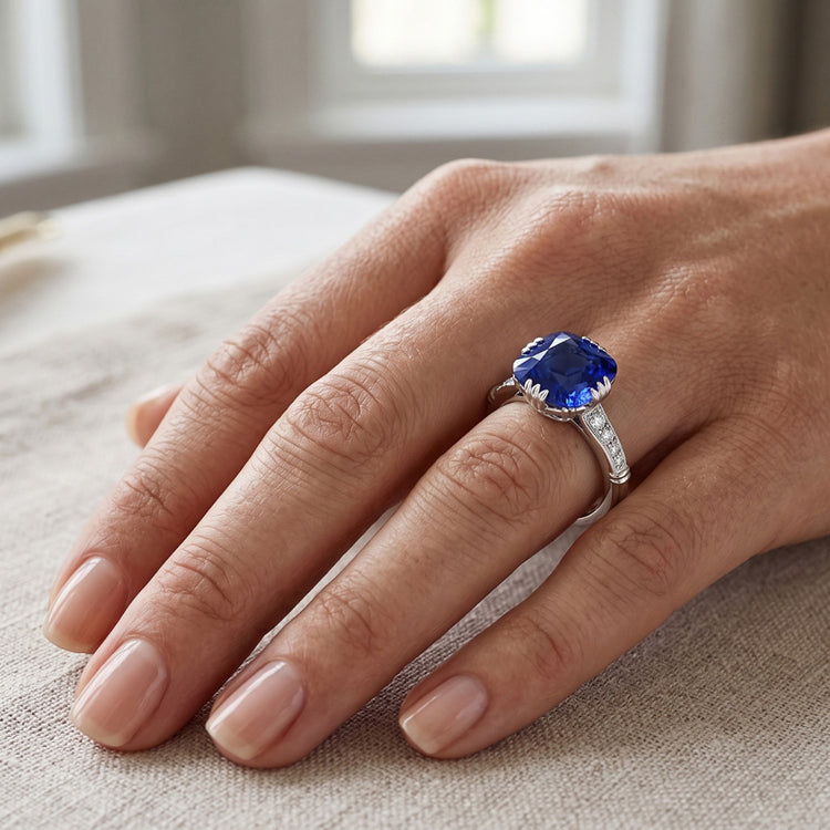 Bague Saphir Coussin Pierres Précieuses 3.50 Carats Diamants Triple Griffe