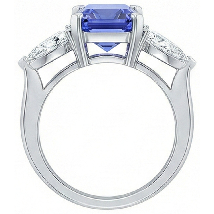 Bague Saphir Diamant Poire Serti Cathédrale 3 Pierres Or Blanc