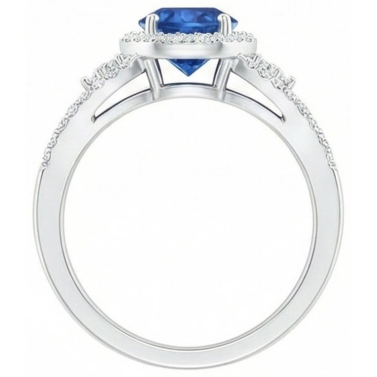Bague Saphir Et Diamants Naturels Extraits des Mines ( et non cultivés en laboratoire ) Taille Ronde 2.64 Ct Or Blanc