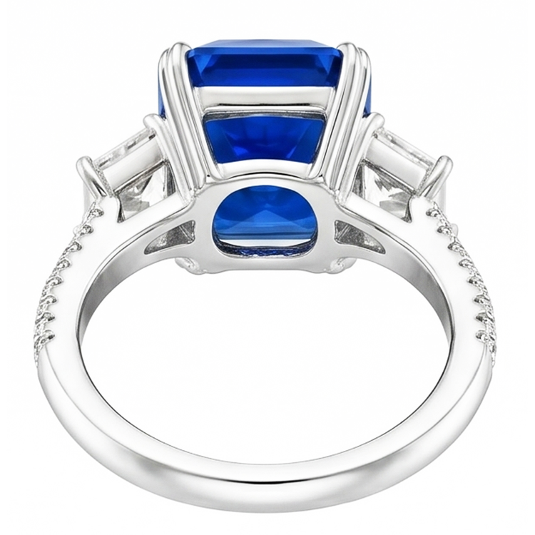 Bague Saphir Radiant Diamant 3 Pierres Avec Accents Or 4.50 Carats