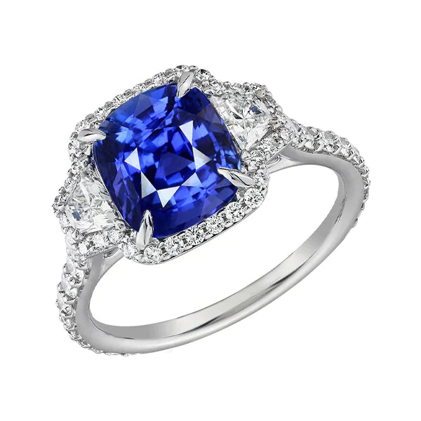 Bague Saphir Taille Coussin Et Halo De Diamants