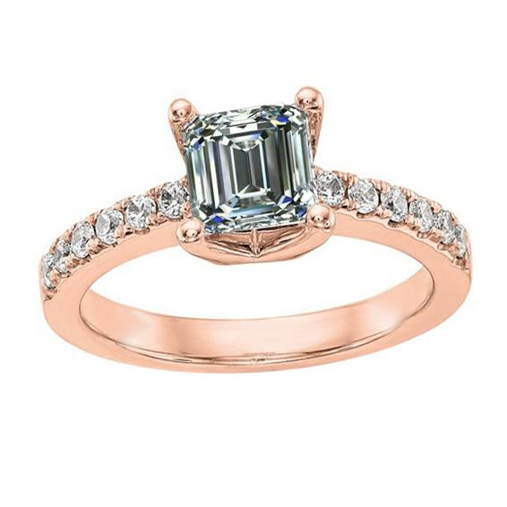 Bague Solitaire Avec Accents Rond & Véritable Diamant Émeraude Or Rose 4 Carats
