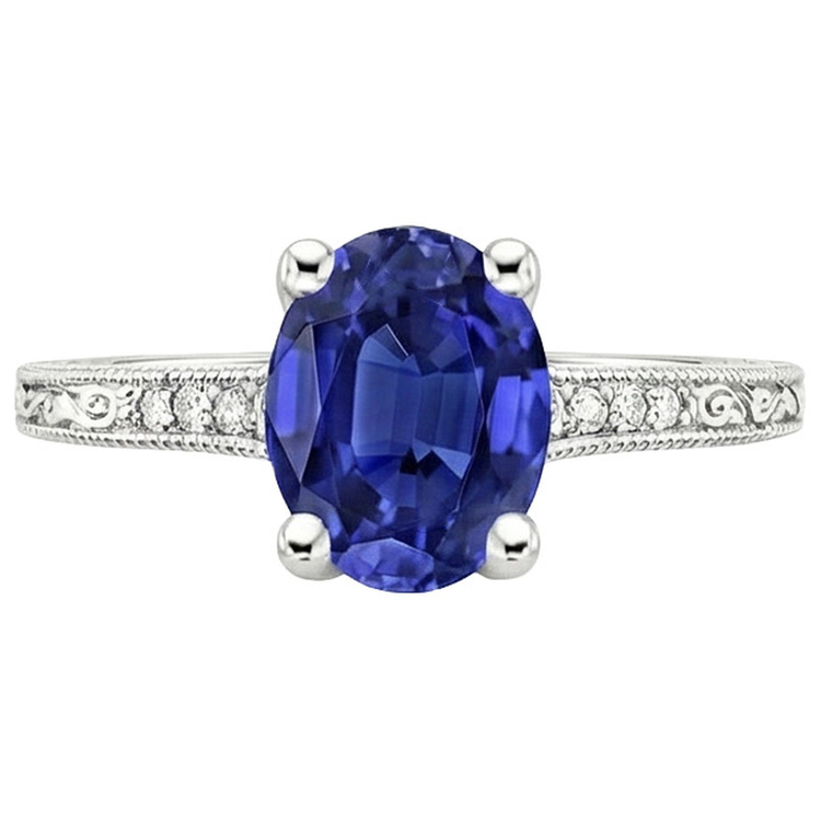 Bague Solitaire Avec Accents Saphir Bleu Tige Milgrain 3 Carats