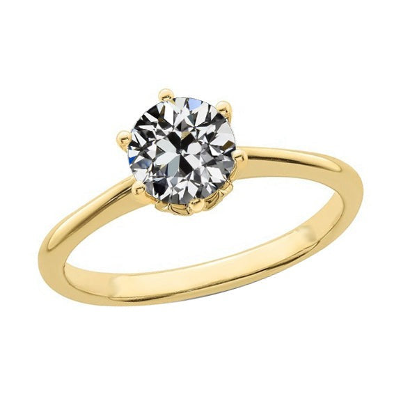 Bague Solitaire Dame Ronde Vieux Réel Diamant Mineur 1.50 Carats Or Jaune