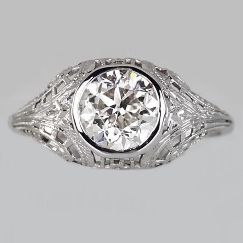 Bague Solitaire Lunette Sertie Naturel Diamant Rond Taille Ancienne Style Vintage 2 Carats