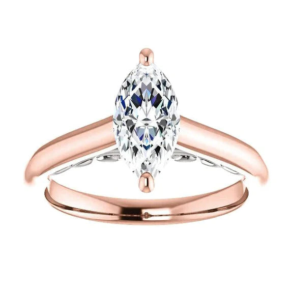 Bague Solitaire Marquise Réel Diamant 1.50 Carats Deux tons 14K