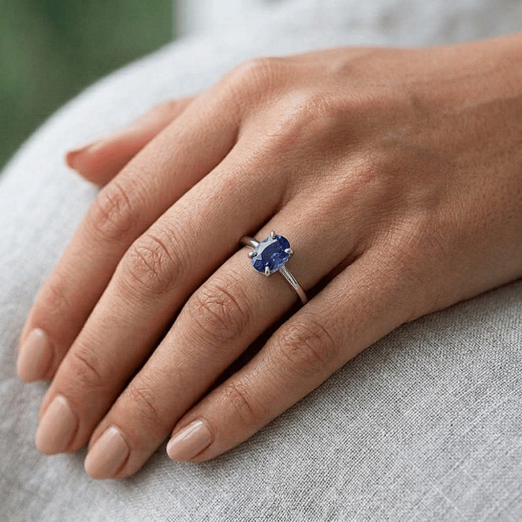 Bague Solitaire Or Blanc Bijou Ovale Saphir Ceylan 2 Carats