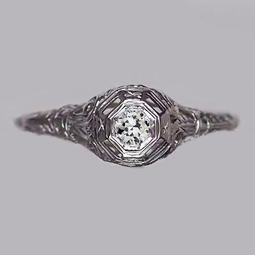 Bague Solitaire Or Blanc Réel Diamant Rond Vieux Mineur 0.50 Carat