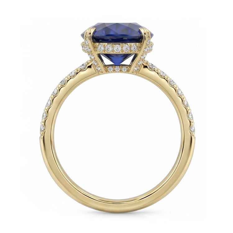 Bague Solitaire Or Jaune Saphir Bleu Ovale Avec Accents 4 Carats
