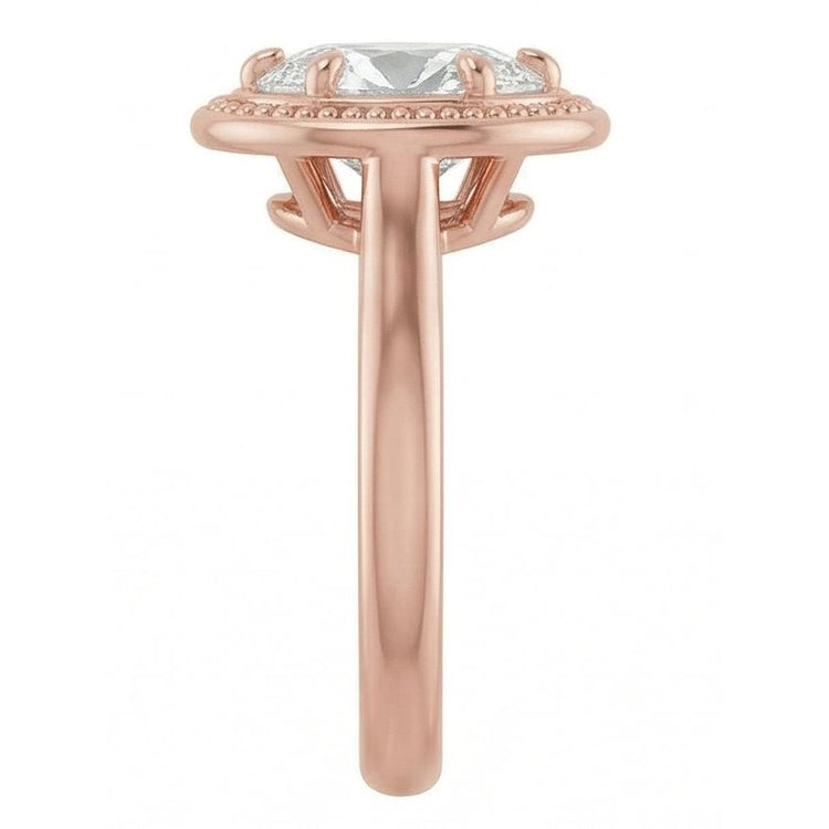 Bague Solitaire Or Rose Ovale Véritable Diamant Taille Ancienne Perlée Style 4 Carats