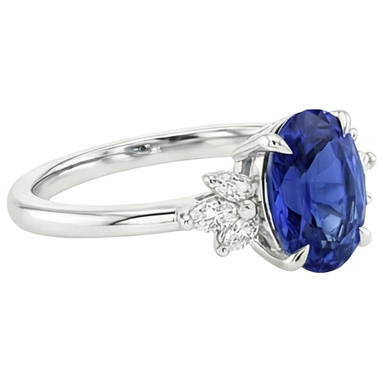 Bague Solitaire Ovale Saphir Bleu Avec Pierres Côté Poire 4.50 Carats