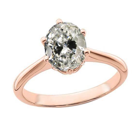 Bague Solitaire Ovale Véritable Diamant Taille Ancienne 6 Griffes Sertie Or 3 Carats