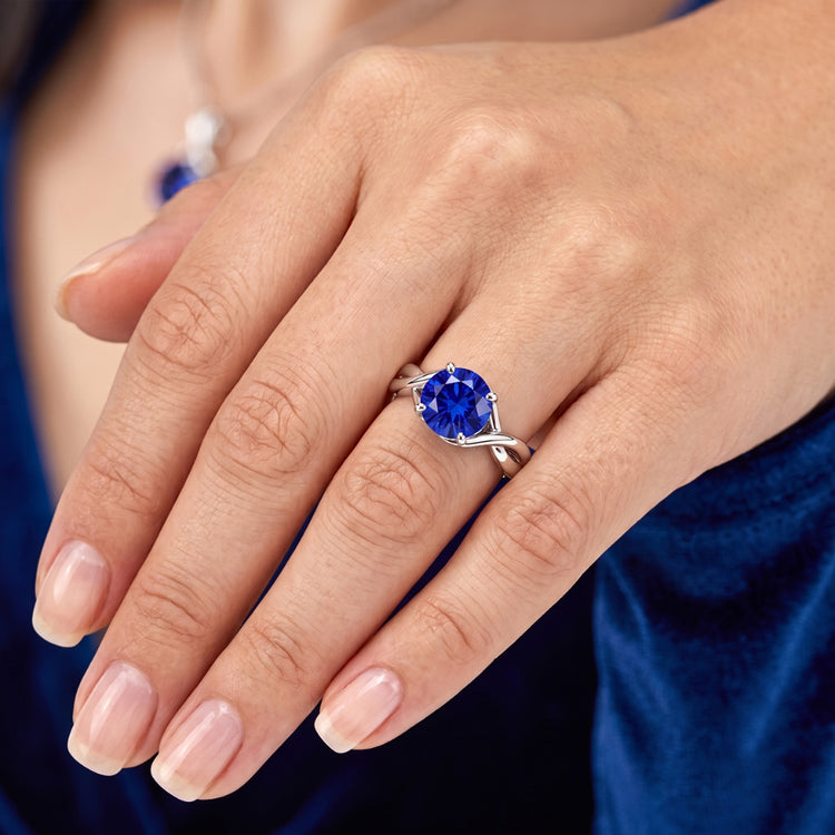 Bague Solitaire Pierre Précieuse Saphir Bleu 2 Carats Style Tige Torsadée