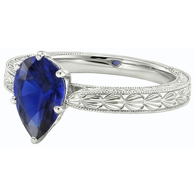 Bague Solitaire Poire Style Antique Saphir Bleu Or Blanc 1.50 Carats