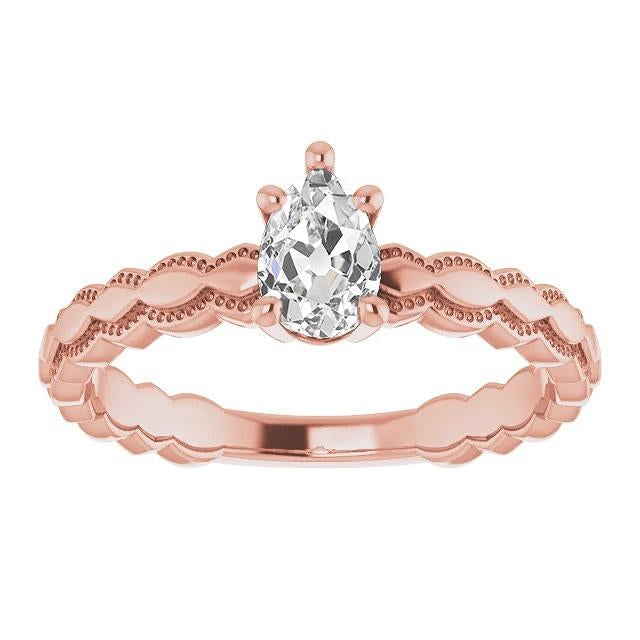 Bague Solitaire Poire Vieux Mineur Réel Diamant 1.50 Carats Or Rose Bijoux