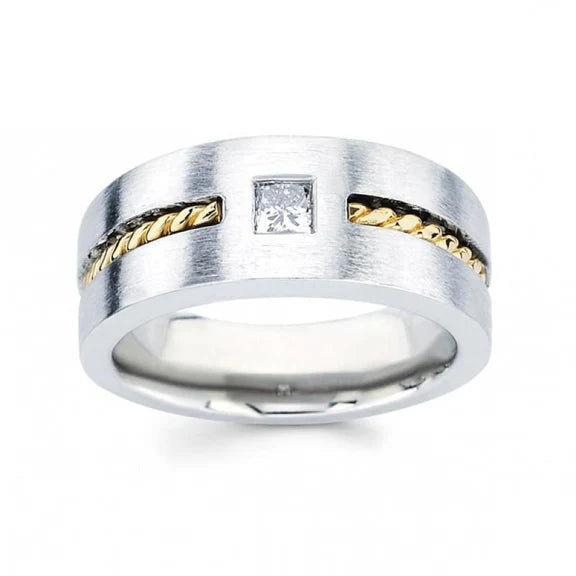 Bague Solitaire Pour Hommes Avec Réel Diamant Taille Princesse De 0.35 Carat En Or Bicolore 14K