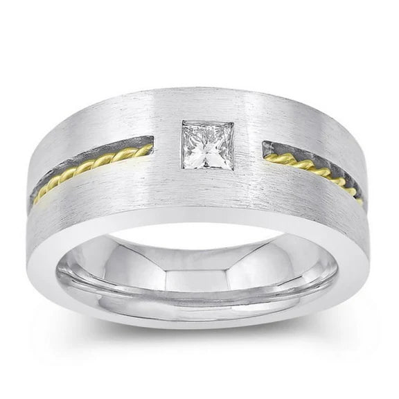 Bague Solitaire Pour Hommes Avec Réel Diamant Taille Princesse De 0.35 Carat En Or Bicolore 14K