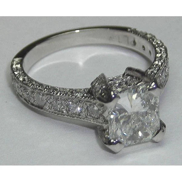 Bague Solitaire Réel Diamant Fantaisie Pave 3 Carats Taille Princesse Avec Accents